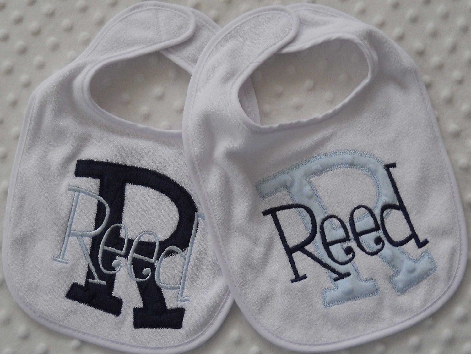 Personalized Gift Set of 2 Baby boy Bibs with Appliqued INiTiaL in MiNKy and embroidered name in Navy Blue and Light Blue