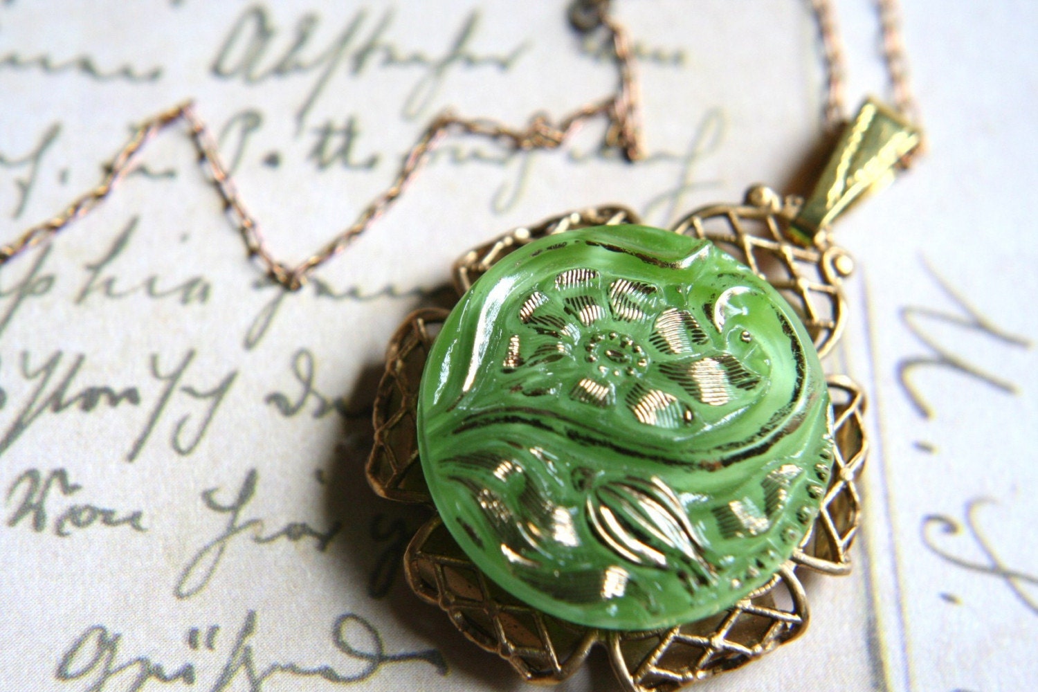 Vintage Style Green Czech Glass Button Pendant Necklace Filigree Brass