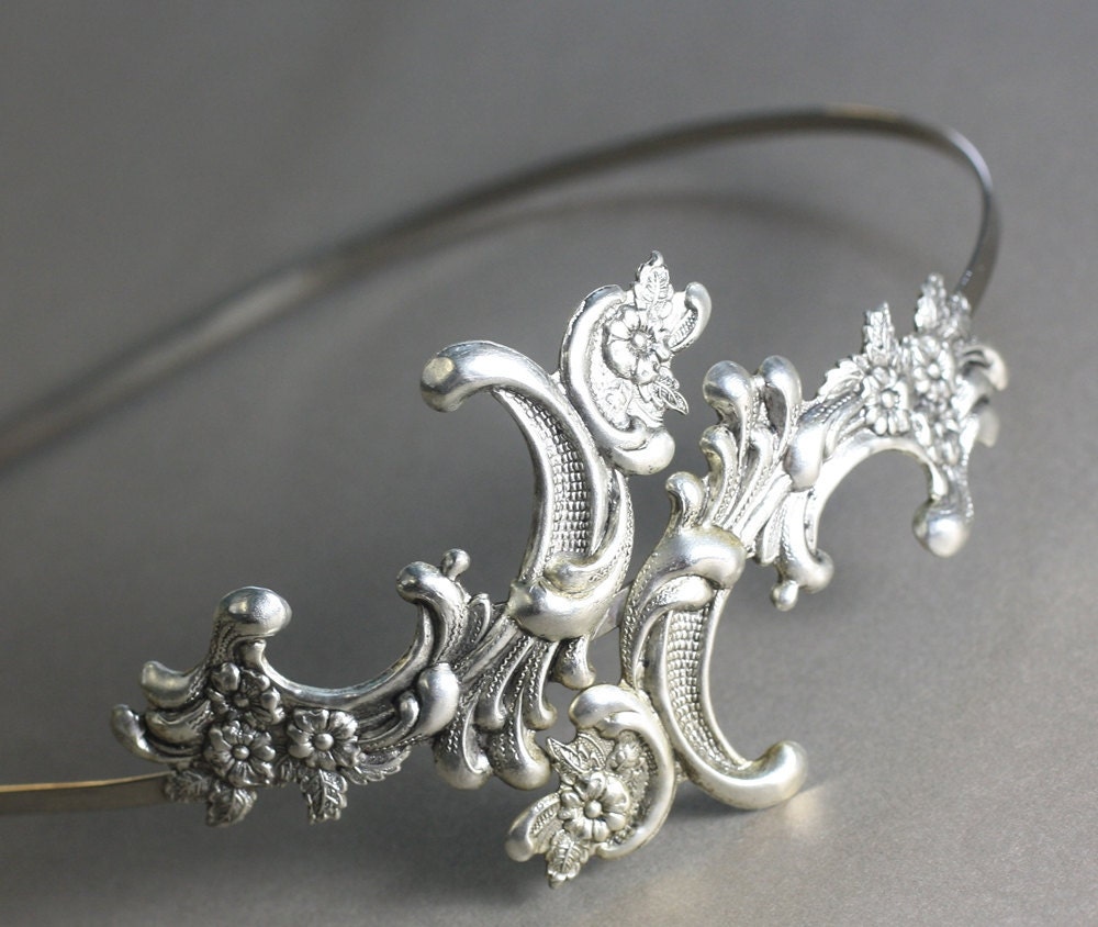 Antique bridal headband silver French ornate glamour metal head piece
