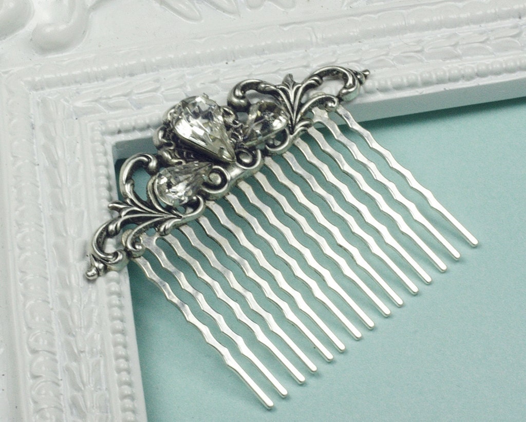 Crystal bridal hair comb antique style filigree victorian silver jewels