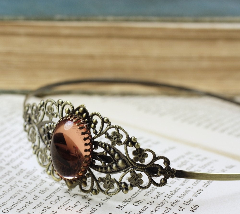 Pink jewel headband filigree brass vintage style bridal