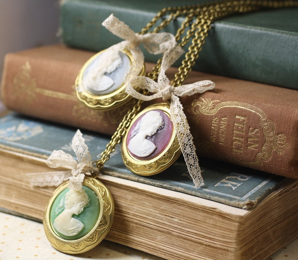 Pemberley locket cameo necklace lace bow vintage brass