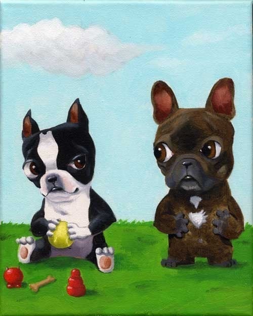 Boston Terrier Hogging All the Toys From a French Bulldog - dog art print