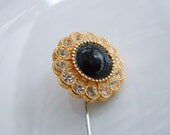 Button Lapel, Hat, Scarf  Pin  Handmade with Vintage French Diamante and Black Button