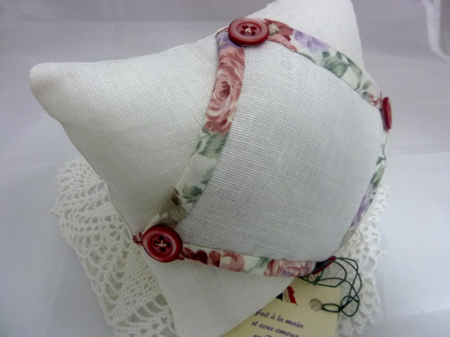 Cathedral Window Pin Cushion Handmade with French Linen and Floral Cotton