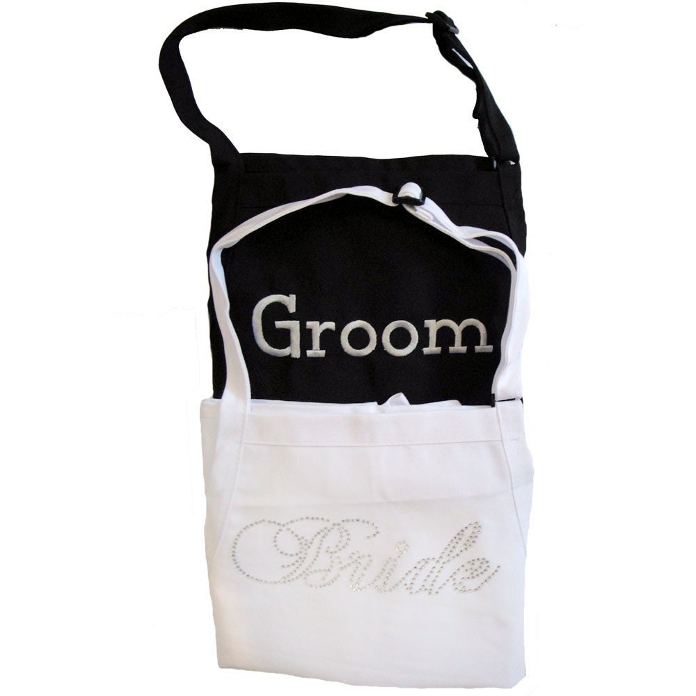 Bride and Groom Apron Set - Fancy Bride Font ------- Rhinestones for Her -  Embroidery for Him