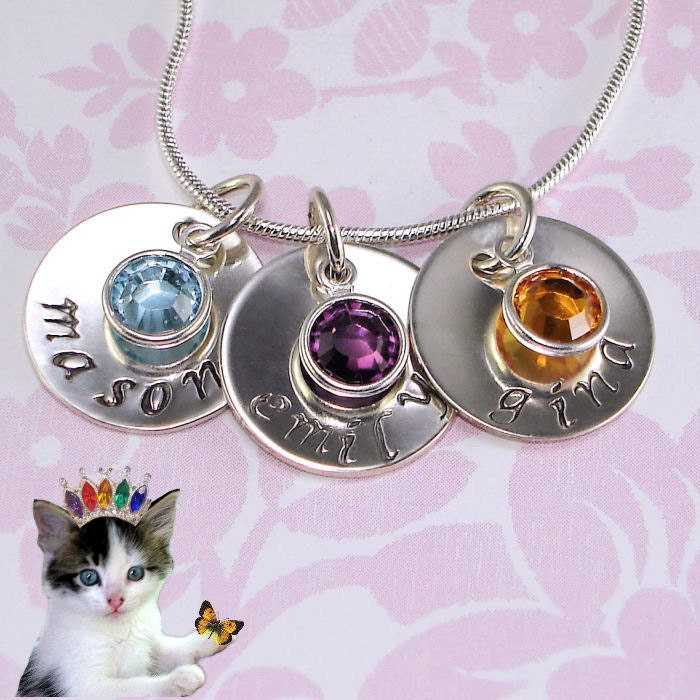 Personalized Mothers Necklace Hand Stamped Jewelry 3 5/8" Disk Swarovski Birthstone Mom Grandmother