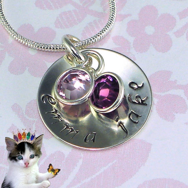 Mothers Necklace Hand Stamped Jewelry Personalized 3/4" Sterling Silver Disk with Swarovski Birthstones Grandmother Mommy