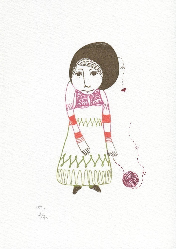 The girl who knitted love      - - screen print - - (gocco print)