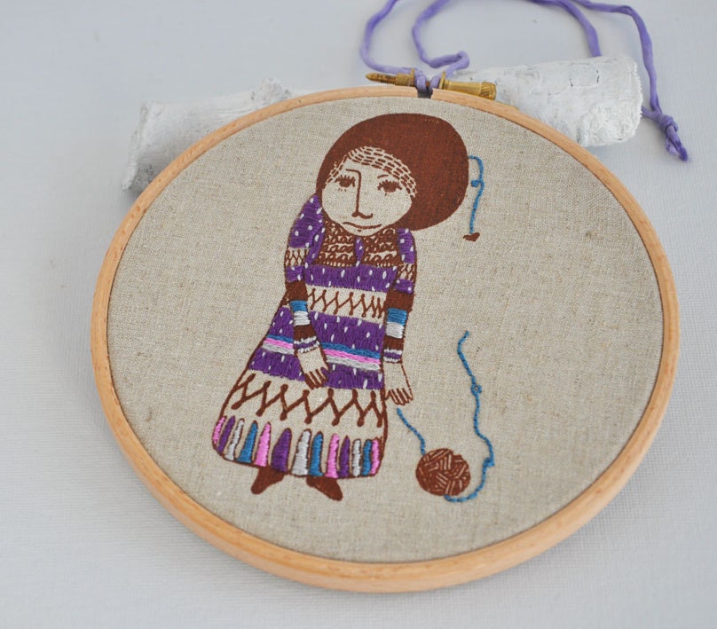 The Girl Who Knitted Love III - embroidery hoop art & screen print - 6''