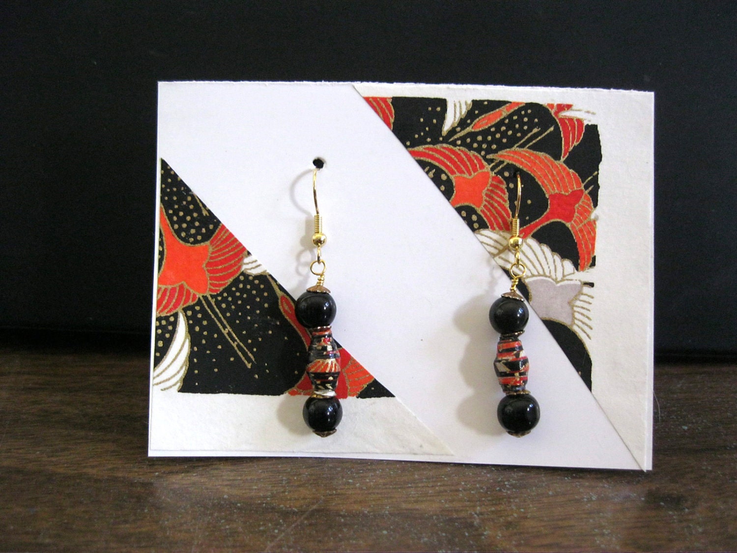 Red and White on Black Japanese paper and onyx earrings
