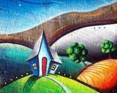 A Bright Print of a Sky Blue Farm House on Rolling Emerald, Gold, and Silver Hills