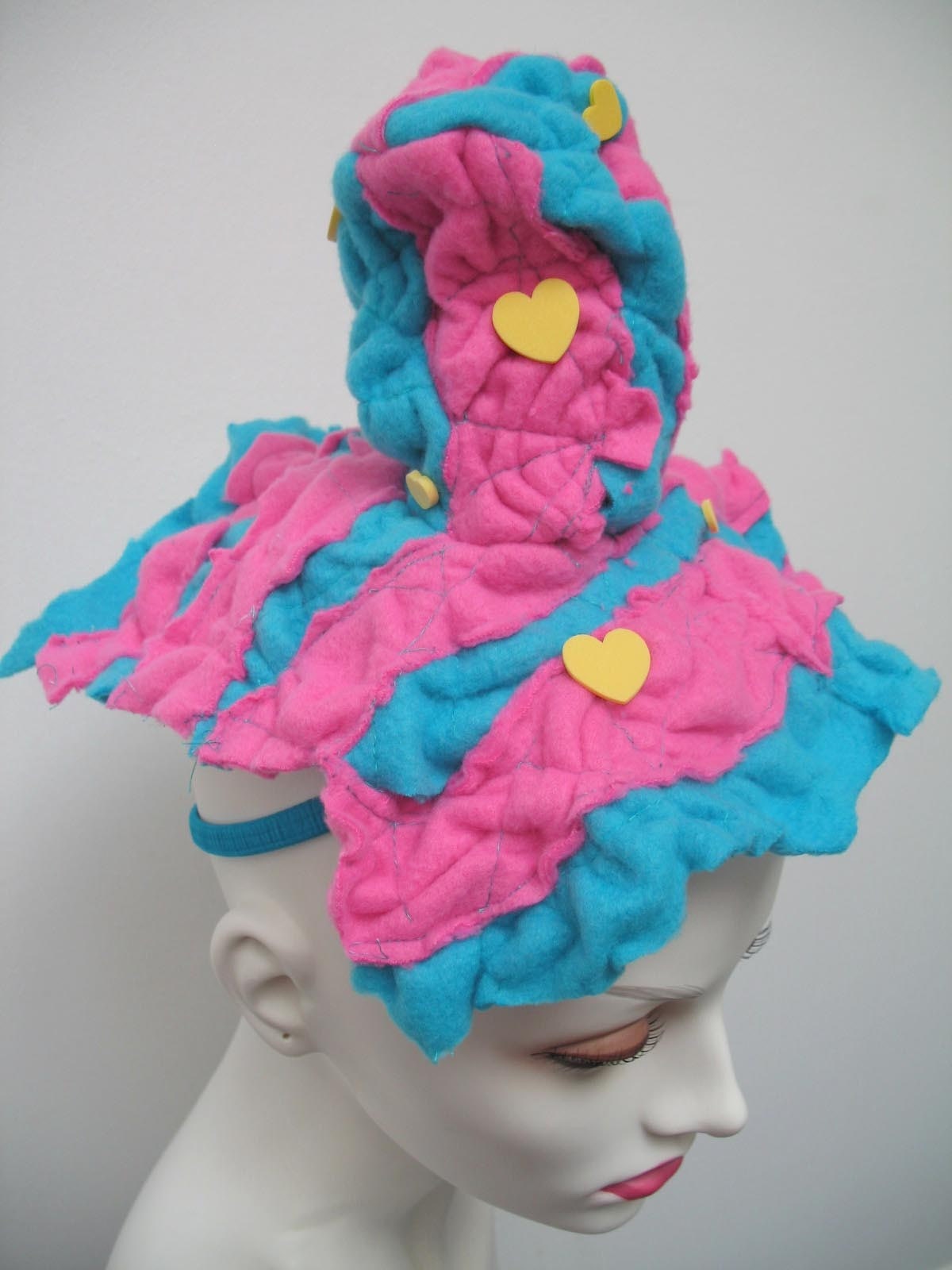 Pepto Bismal Pink and Turquoise Blue with egg yolk yellow hearts striped mini fleece Top Hat
