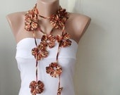 ON SALE, Handmade Crochet, Mix Autumn Color, Flower Lariat, Scarf, Necklace