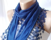 Dark Blue, Denim...Cotton Scarf..Scarf, Headband, Flower Lace