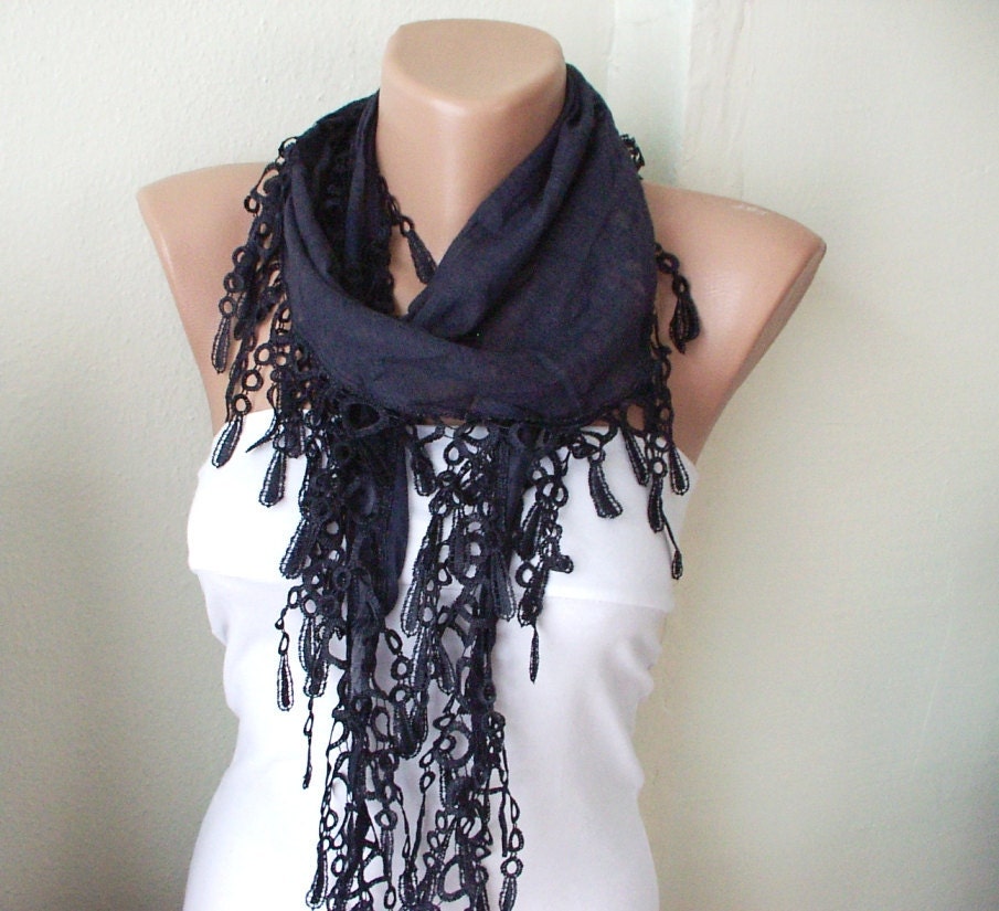 Dark blue Cotton Scarf with Lace