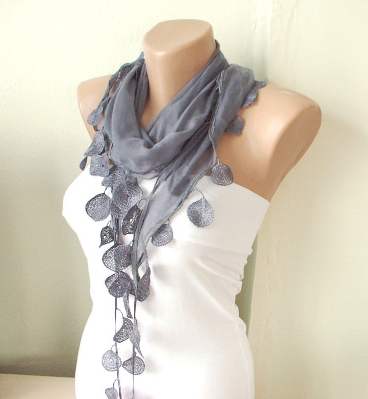 Grey, sky grey Cotton Scarf with Lace-1