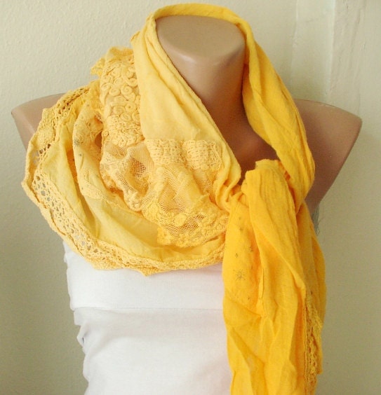 Tulle Scarf - Hand Dyed - Yellow Scarf - Shawl Scarf from %100 cotton with flora desing and tulle patchwork