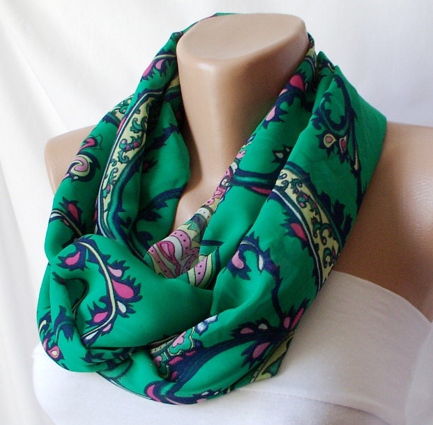 SALE - Saint Patrick's Day - Infinity Scarf. Loop Scarf ..Chiffon and cotton... Green Scarf
