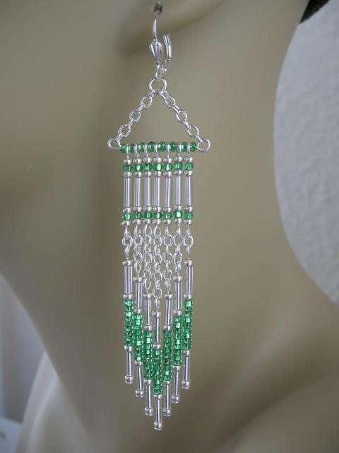 SALE - Modern Native American Style Earrings - Silver/Green