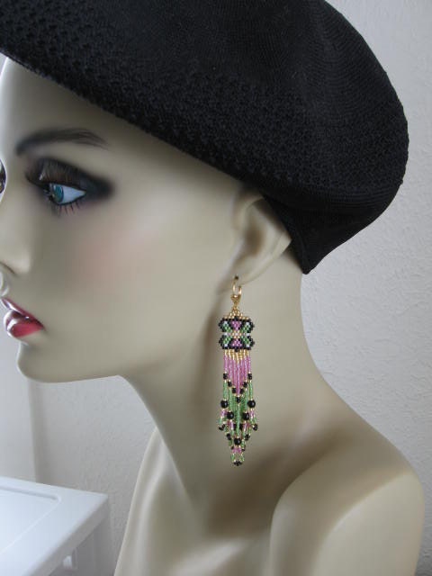 Beadwork - Seed Bead Beadwoven Earrings - Pink/Green - Free Shipping