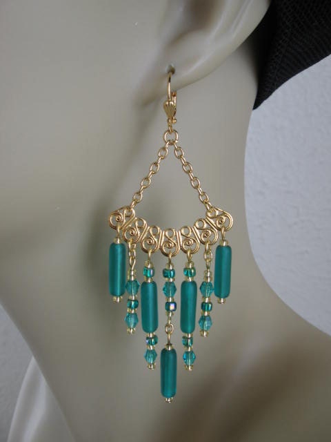 Filigree Chandelier Earrings - Emerald Color