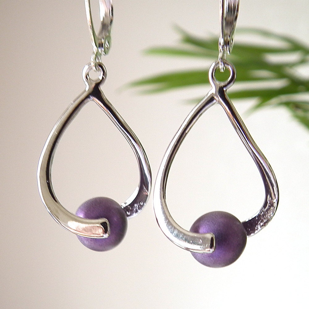 Purple Bead Sleek Modern Silver Plated Earrings