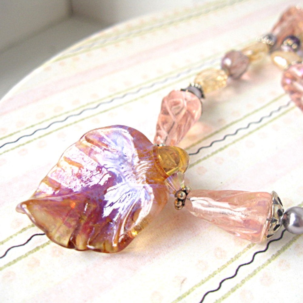 Glass Leaf Necklace Freshwater Coin Pearls Czech Crystals Sterling Silver