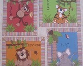 Children's Jungle Mixed Media Wall Art Boys Room Decor Set of 4 8x10 Scrapbook Paper Piecings