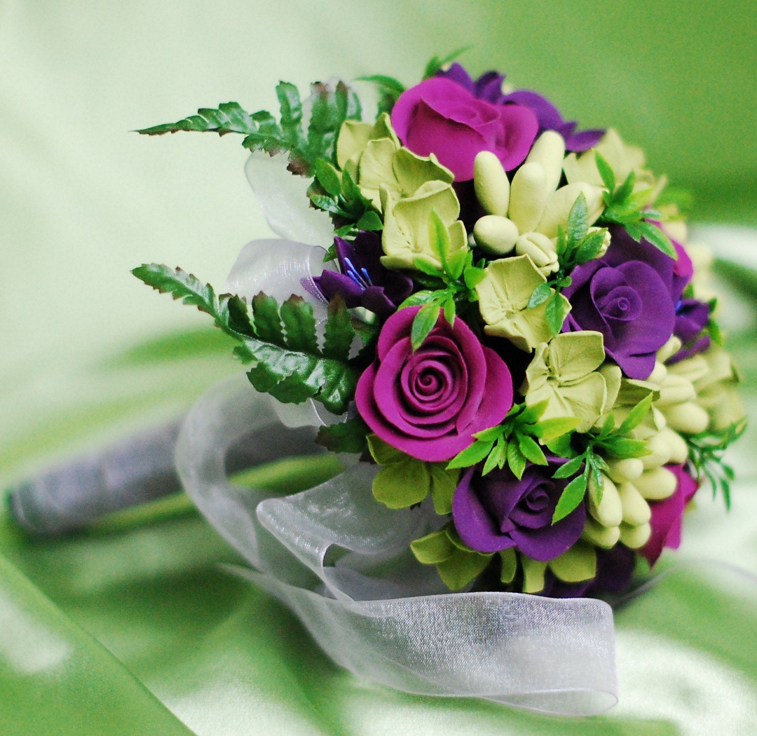 Claycraft Forever Flower Green Tuberose Hydrangea and Purple Rose Hand Tied Bridal Bouquet
