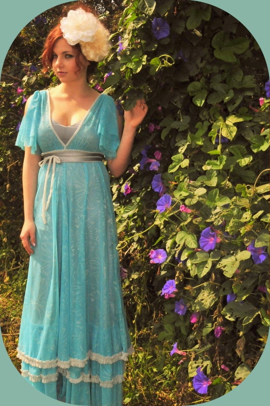 romantic turquoise sky blue prom /gown /evening dress in printed silver flower  net chiffon with  ruffles
