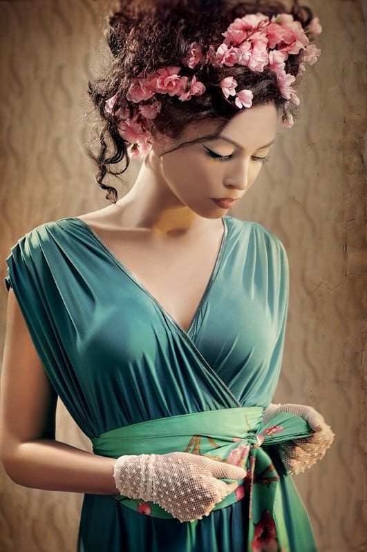 evening dress in cyan green inspired by ancient Rome