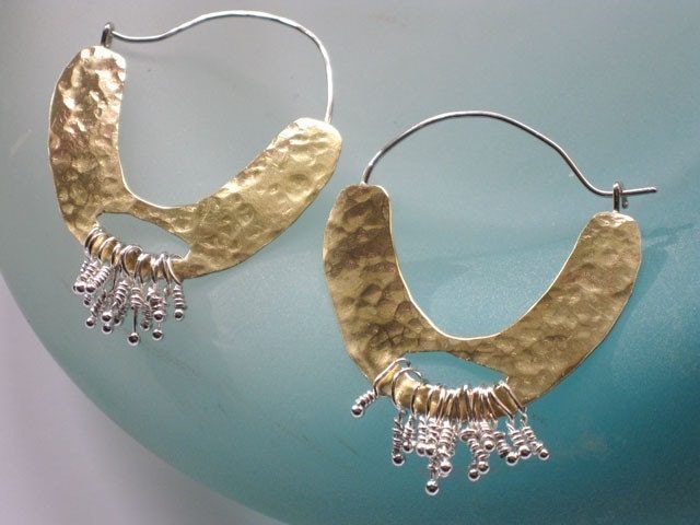 Gold hoops with silver dangles, silver goldplated and fine silver organic handmade design
