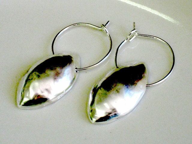 Silver leaf earrings, smooth handcrafted three dimensional silver jewelry
