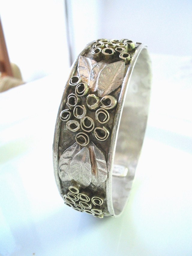 Gold spirals and silver Bangle, 925 silver and gold cherry bangle