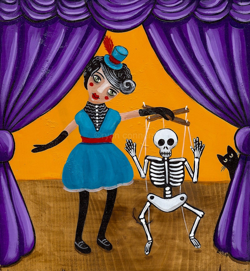 The Puppeteer and Marionette Original Cat Folk Art Painting