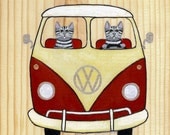 Red and Cream VW Bus Original Cat Folk Art Painting