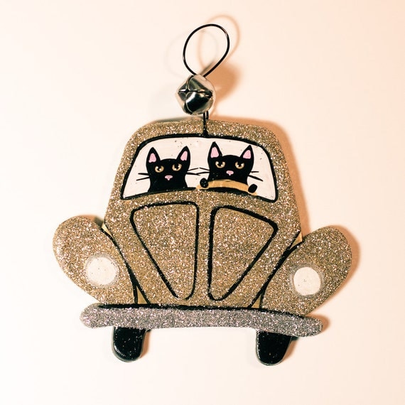 Gold Christmas Volkswagen Clay Cat Folk Art Ornament
