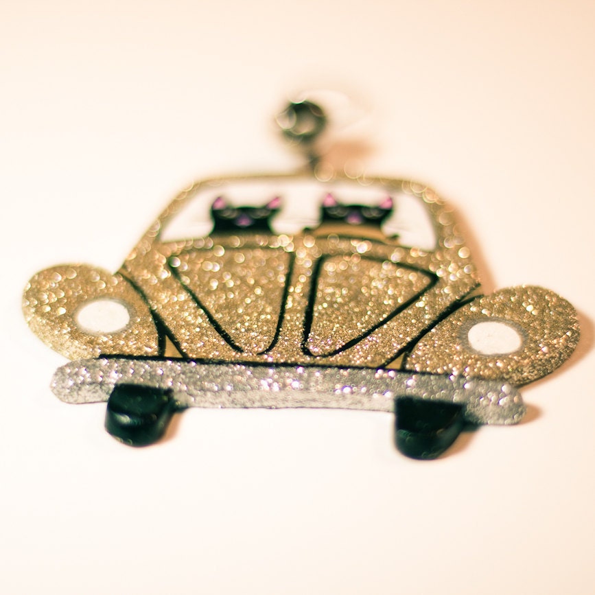 Gold Christmas Volkswagen Clay Cat Folk Art Ornament