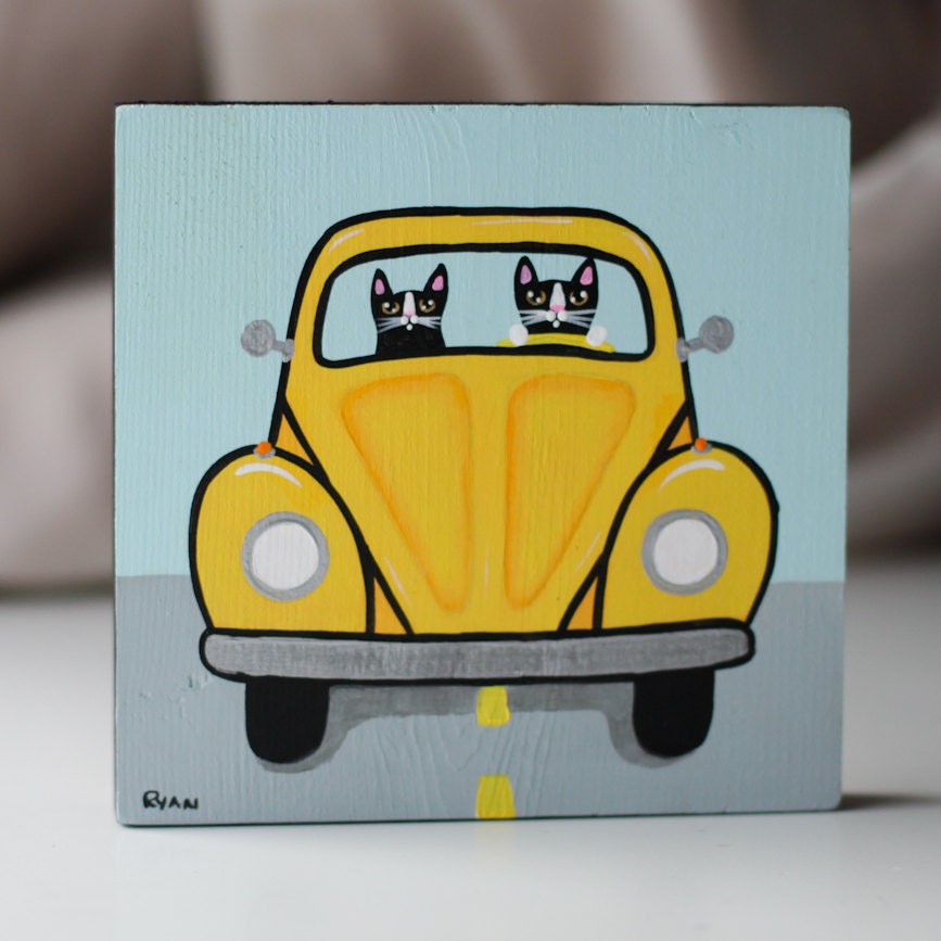 Volkswagen Road Trip Cats Original Folk Art Painting