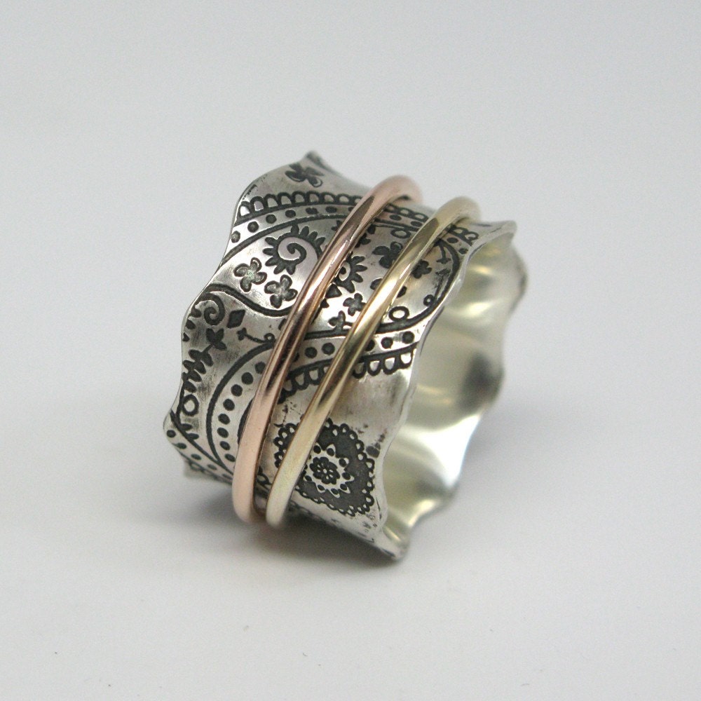 Vintage Inspired Paisley Sterling Silver Spinner Ring with 14k Rose Gold and 10k Yellow Gold Spinners