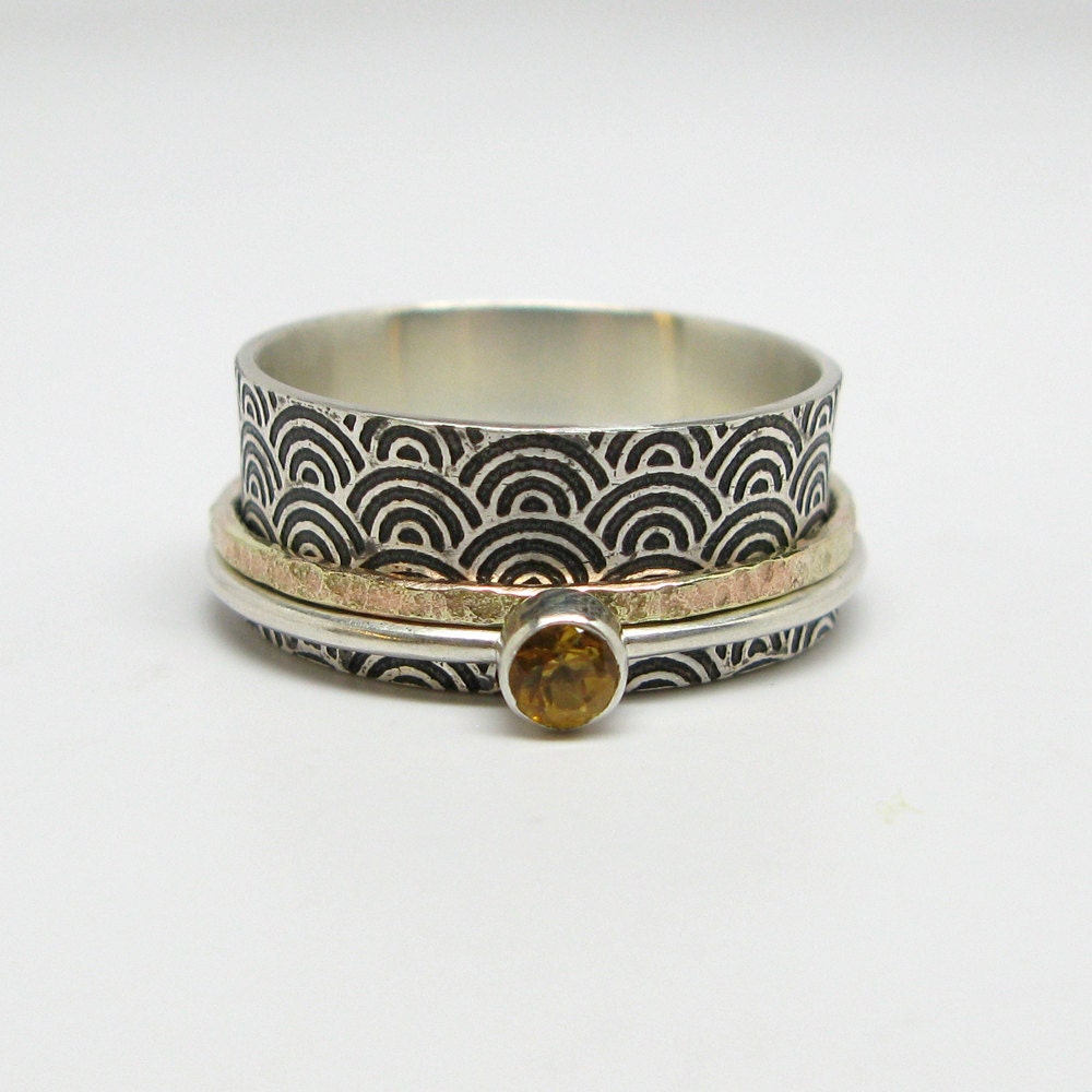 Asian Inspired Water Pattern Sterling Silver and 10k Gold Spinner Ring with Citrine Stone