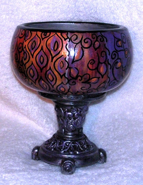 Free Shipping....Hand painted wood pedestal bowl one of a kind candy dish