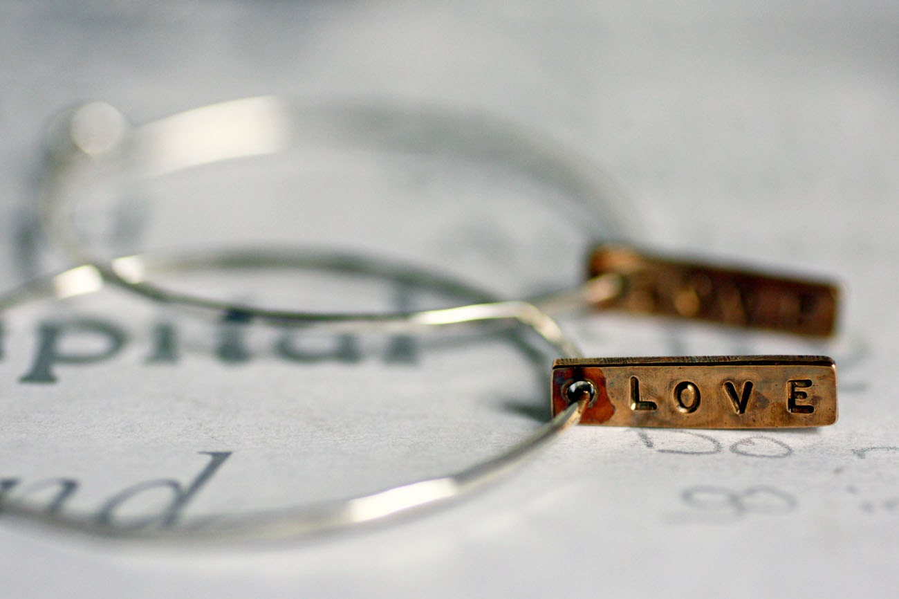 Sterling Silver Handmade Hoop Earrings with Love mixed metal jewelry