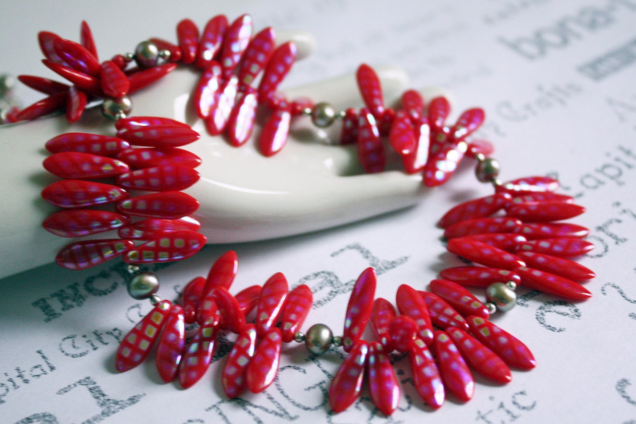 Firecracker Red Czech Glass Handmade Necklace Statement Jewelry