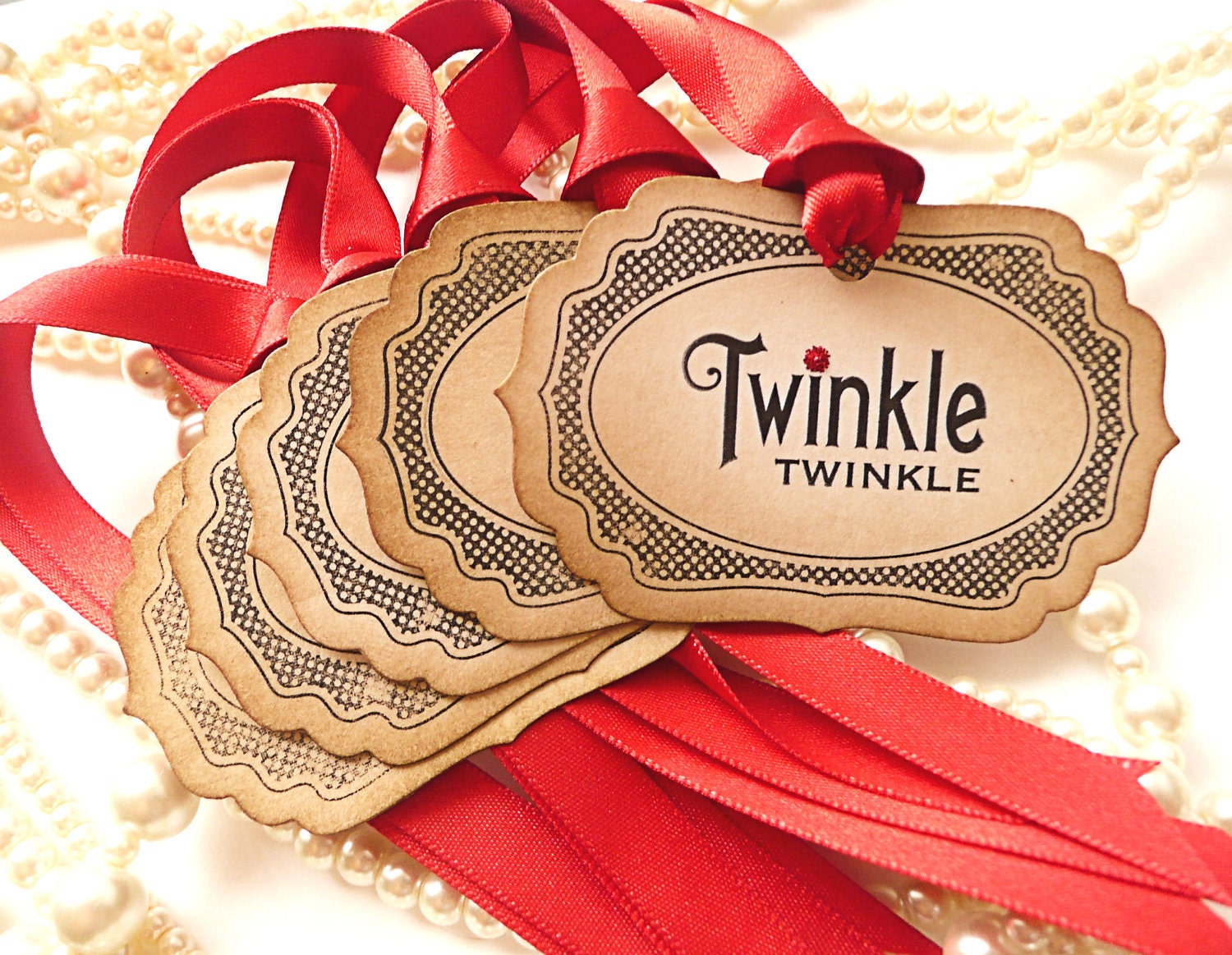 Red Christmas Tags - Vintage Style - Set of 5 - Twinkle Twinkle with Bright Red Ribbon 2012
