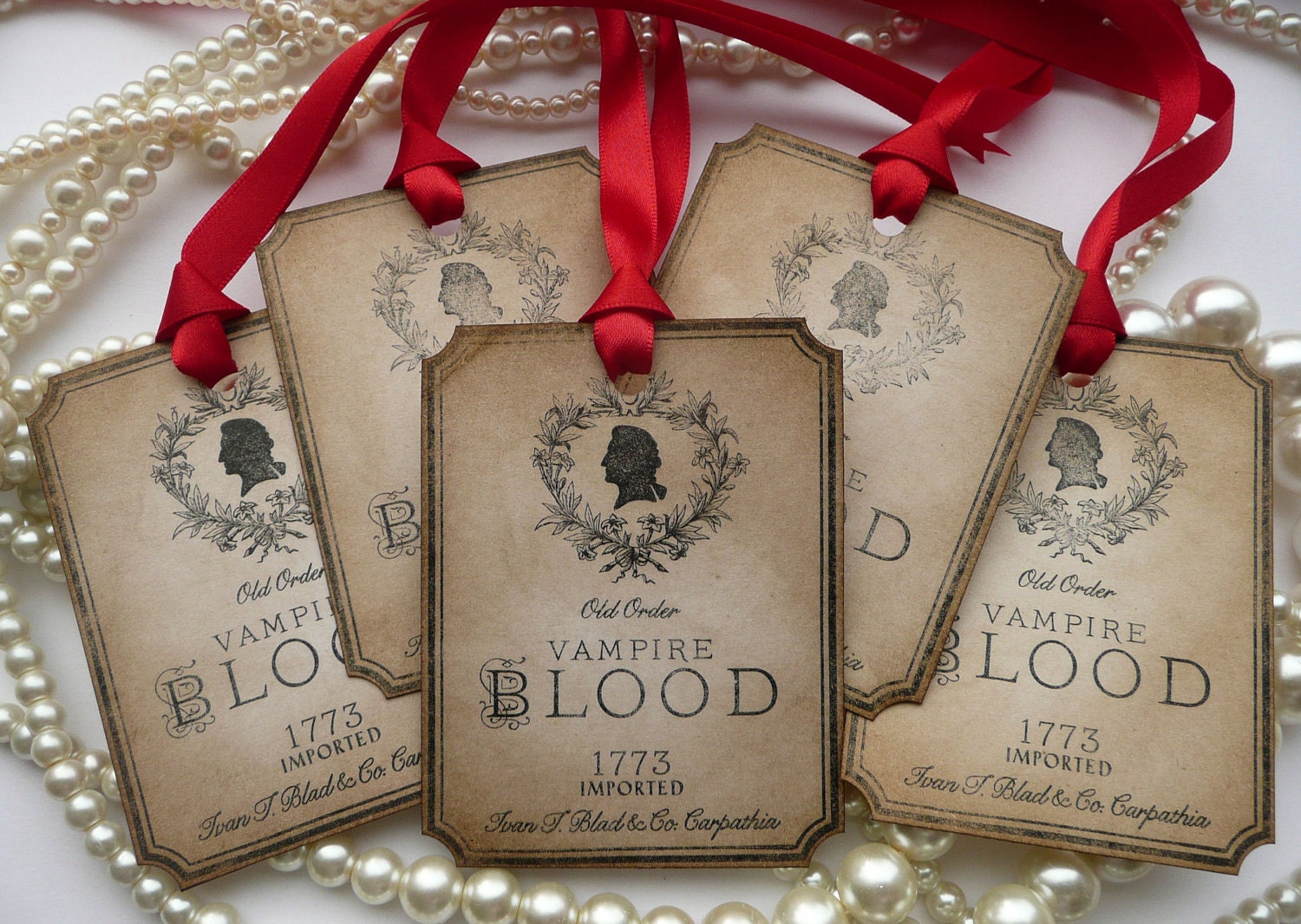 Vampire Blood Gothic Wedding Tags - Gothic Style with Red Ribbon Set of 50 - Wine or Drink Bottle Labels