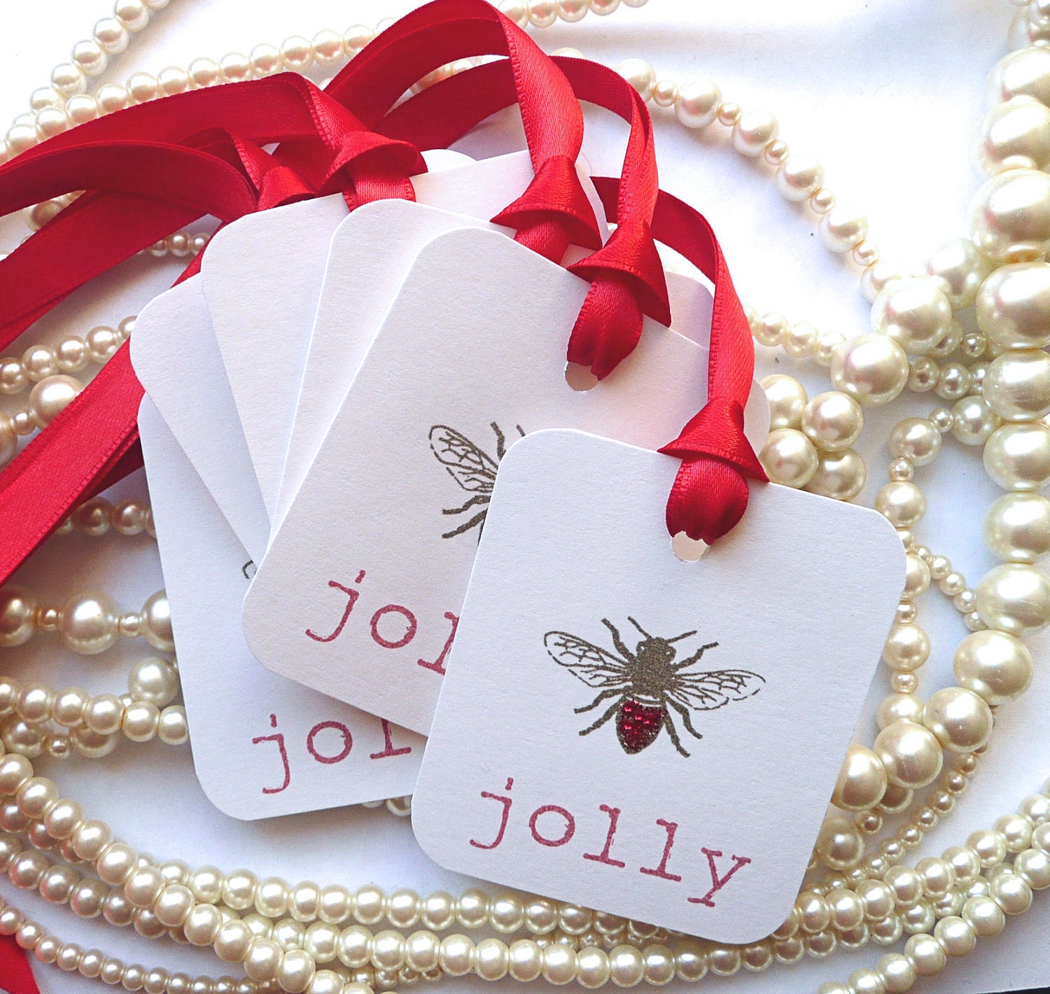 BEE JOLLY Tags - Set of 6 Red and White Sparkly Gift tags - UK Handmade