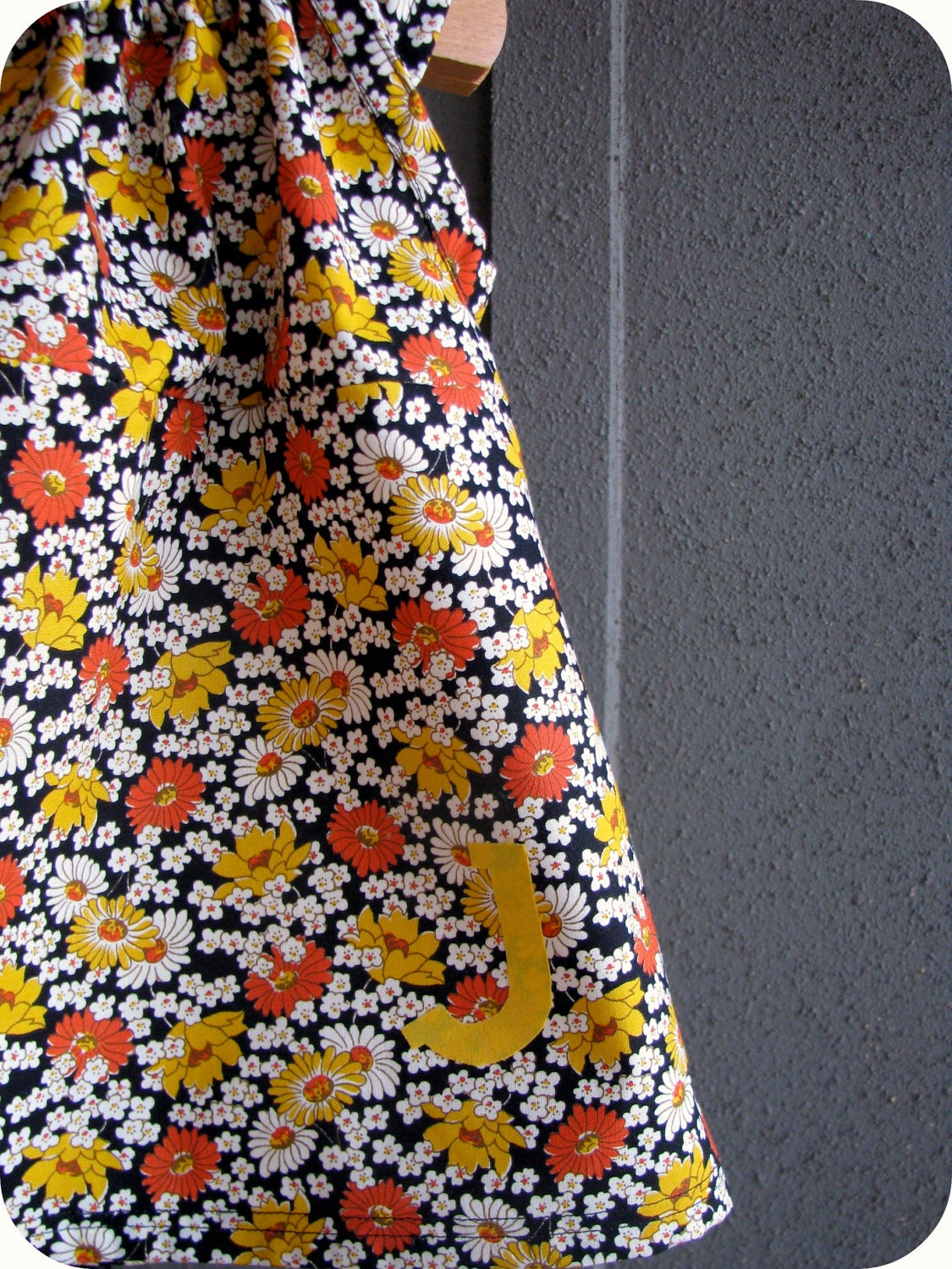 Dress - girls monogram, personalized spring  floral, flowers yellow, orange black baby shower gift  0-3, 3-6 months, 12 -18, 2T 3T 4T 5T
