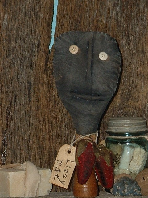 Extreme Folk Art Black Doll Pearly Mae With Strawberries On Vintage Wood Bobbin